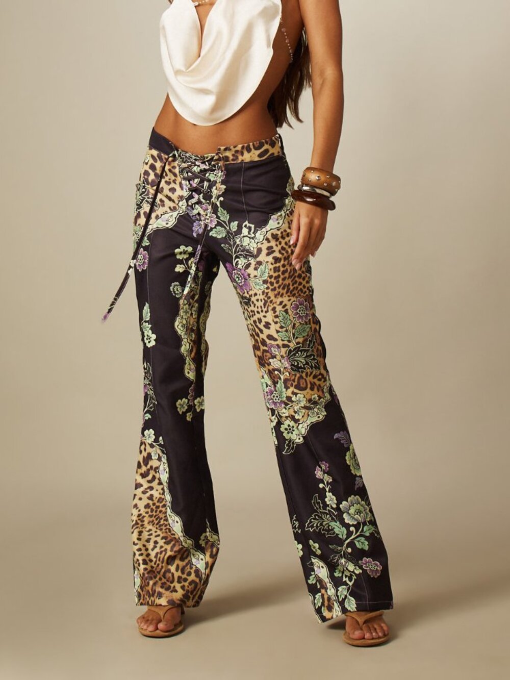 Multicolor Boho Women's Baroque Pattern Low Rise Flared Pants - Picture 3 of 5